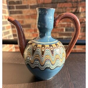 Vintage Bulgarian Troyan Pottery Pitcher Feathered Slip Glaze Design